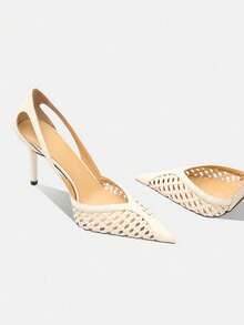 Sexy Rhinestone Fishnet Black Mesh High Heels, Unique Design, Pointed Toe, Suitable For Evening Gowns,Wedding Outfits - Beige - View 3