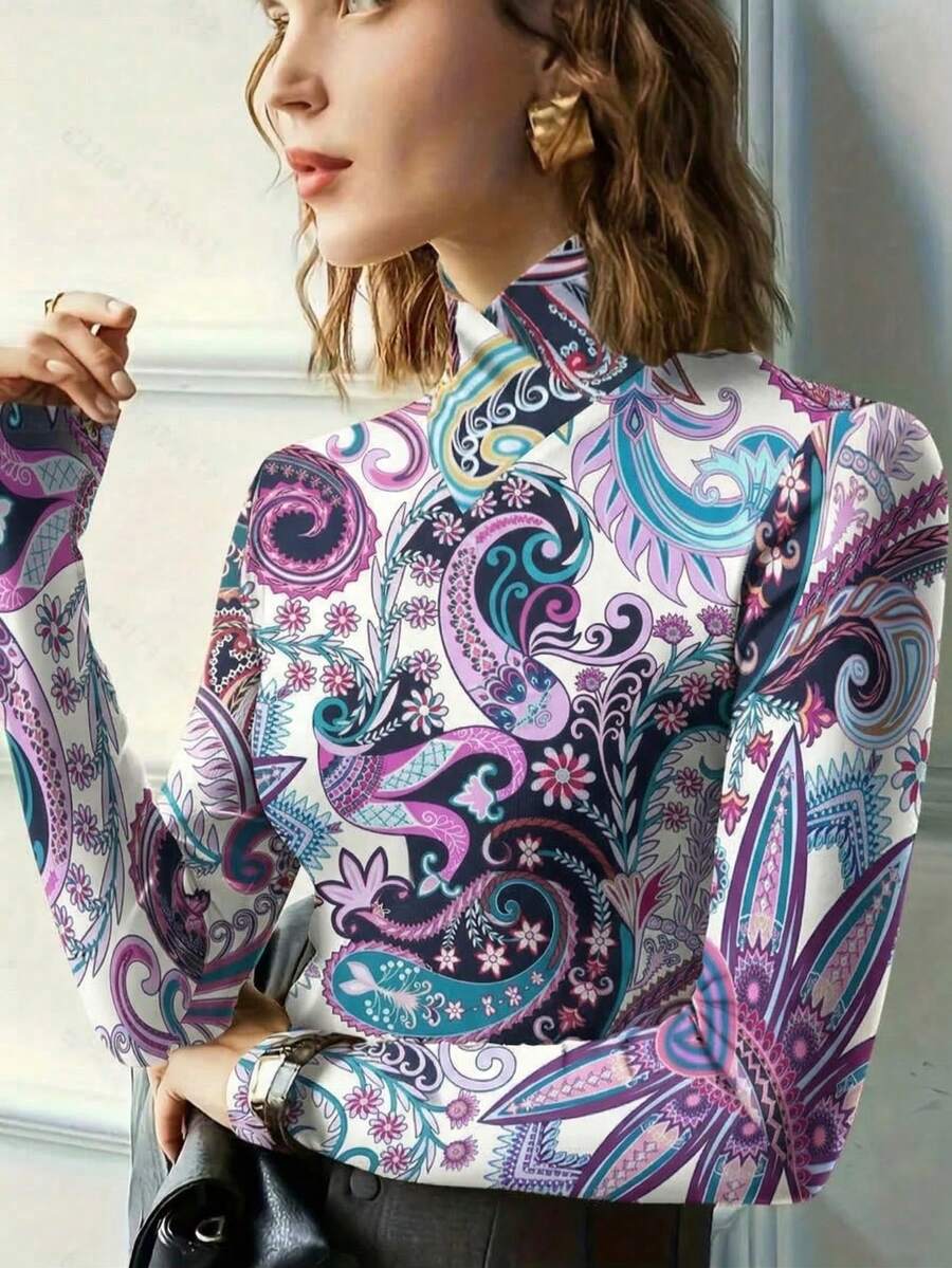 European And American New Arrival Elegant Retro High Collar Fitted T-Shirt, Full Body Print, Long Sleeve Turtleneck Undershirt, Suitable For All Seasons Casual Vacation - Purple - View 1