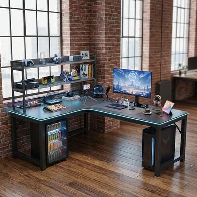 Escritorio Gamer Moderno en Forma de L, Fibra de Carbono Negro - Diseño Estilizado y Espacio Óptimo para Equipos Gaming
