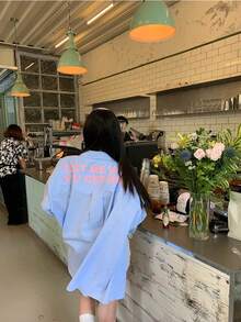 女士休闲宽松长袖衬衫（春季款） - 藍色 - 查看 6