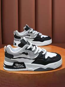 Men's Color Block Letter Print Skate Shoes, Mid-Top Lace-Up Platform Sneakers, Street Style Casual Shoes For All Seasons, Black And White, Faux Leather - Black - View 3