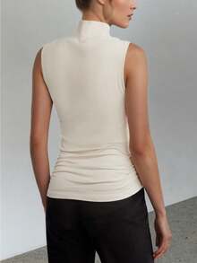 Amyenjoylife Women's Sleeveless High Neck Elastic Sexy Top, Spring/Summer - Apricot - View 3