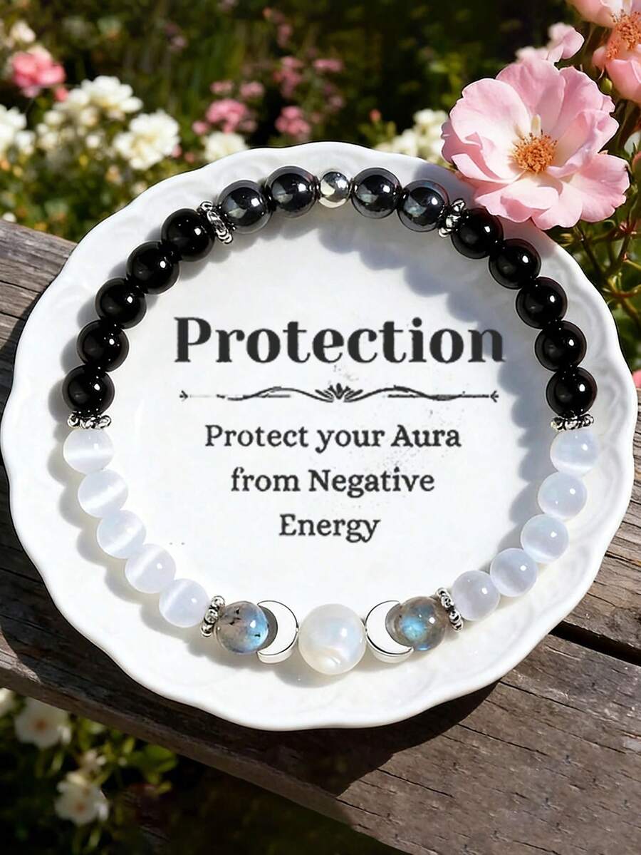 Pulsera de energía lunar | Pulsera elástica con colgante de fase lunar | Protección energética | Pulsera de cristal curativa, equilibradora y purificadora - luna - Ver 1