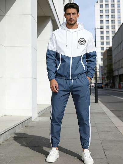 2pcs/Set Men's Contrast Color Sports Suit, Includes Graphic Print Hooded Jacket And Pants Set