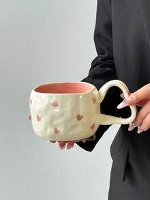 1pc Minimalist Handpainted Heart Ceramic Mug, Korean Ins Style Asymmetrical Handpainted Heart Ceramic Mug With Multicolor Heart, Cloud And Flower Patterns, Ideal For Afternoon Tea, Milk, Latte And Coffee - Multicolor - View 16
