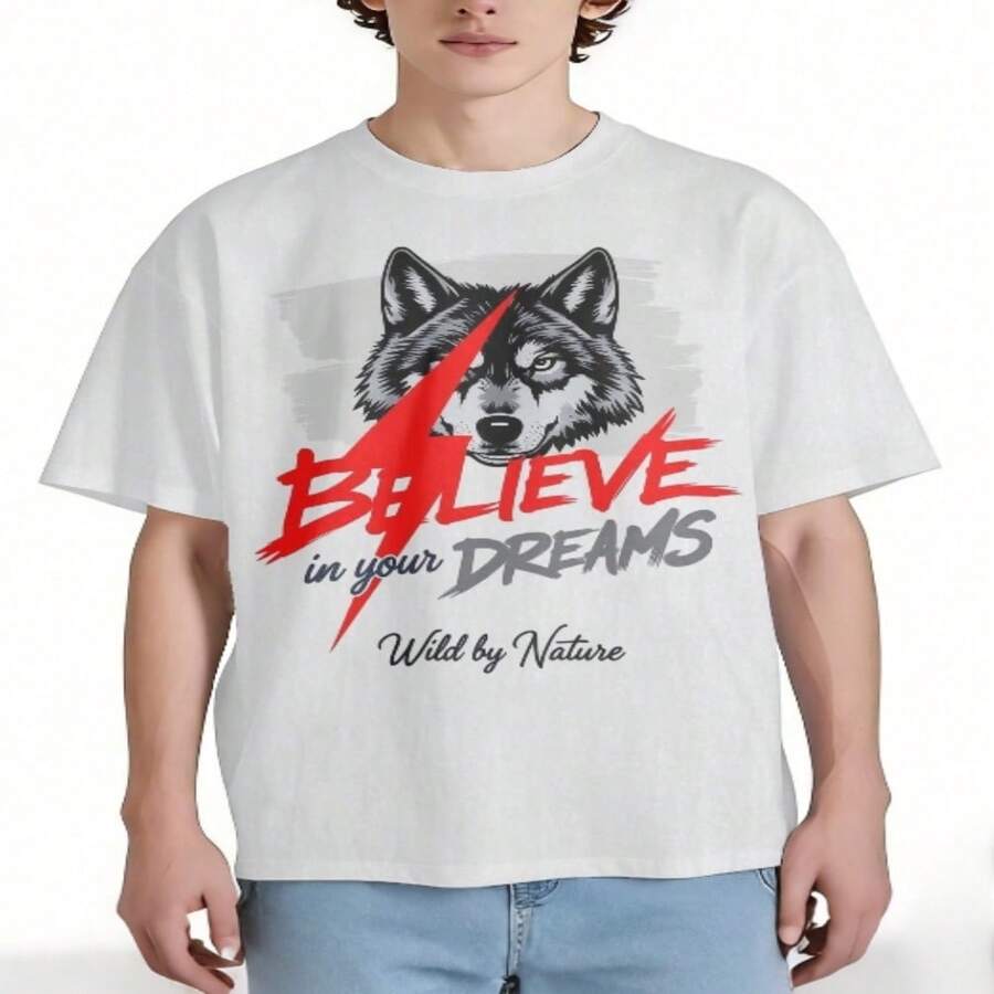 Camiseta de Manga Corta 100% Algodón con Estampado de Cabeza de Lobo y Rayo, Estilo Callejero Americano Vintage, Creer en Tus Sueños, Salvaje por Naturaleza, Top Holgado Casual - Blanco - Ver 1