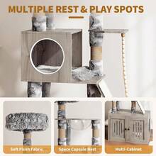 Torre para Gatos de 170 cm con Cerradura para Arenero, Hamaca y Cojines Lavables - Casa Multifuncional Resistente para Mascotas - Gris - Ver 5