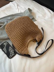 度假风女士单肩包，草编水桶包，适合休闲、海滩、假日出行 - 卡其色 - 查看 11