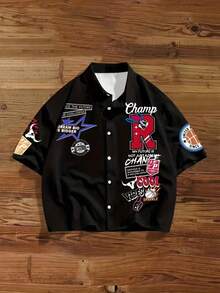 Men's Street-Style Printed Shirt, Black Loose Racing-Inspired Top Aesthetically Collegiate-Style Letter Patchwork Top Y2K Urban Outfit - Multicolor - View 4