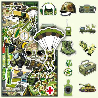 50pcs Cartoon Bulletproof Vest, Medical Box, Military Equipment, Camouflage Decorative Stickers For Desk, Stationery, Graffiti