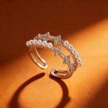 1pc S925 Silver Geometric Double-Layer Design Cubic Zirconia Ring, Adjustable Open Band, Elegant & Classy Daily Wear Jewelry For Women - Silver - View 4