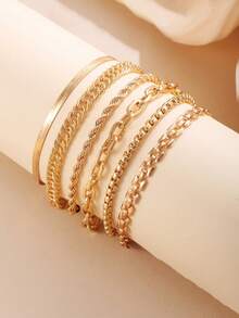 6件套复古朋克风金属链手链套装，女士款，包含戒指、绳索、蛇形和扭曲设计，多层手链，适合约会、日常佩戴，母亲节礼物之选。 - 金色 - 查看 2