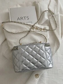 1pc New Minimalist Casual Versatile Embroidered Box Bag, Lunch Box Crossbody Bag, Popular Small Shoulder Bag For Holiday Season - Silver - View 11