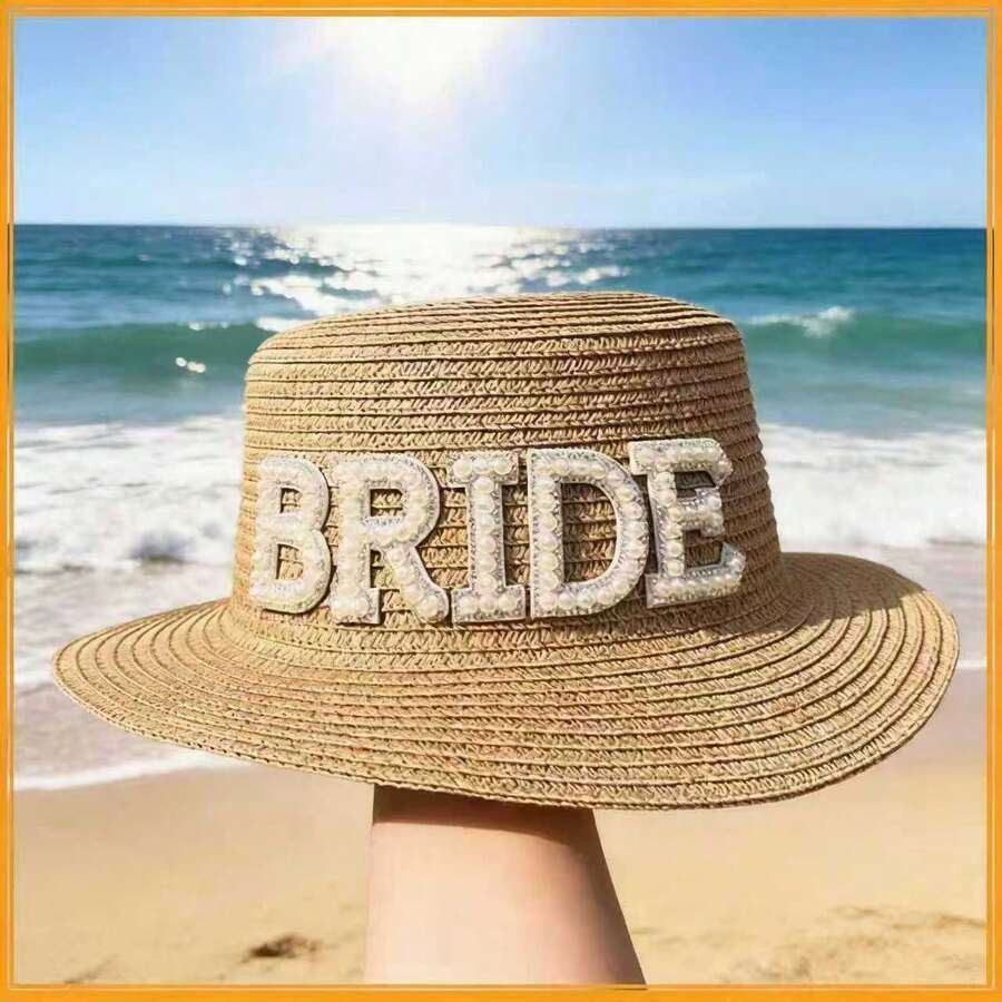 新款派对新娘平顶草帽，复古英伦风新娘帽，宽檐沙滩草帽（女士款） - 新娘 - 查看 1