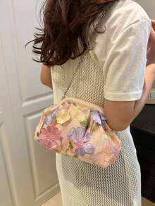 Túi xách nữ thời trang cổ điển thêu hoa mây, dây xích. - Hồng - Xem 5