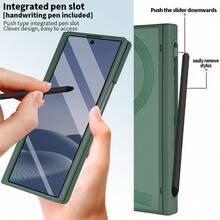 商务内置笔手机壳，兼容三星 Galaxy Fold7、Fold6、Fold5、Fold4、Fold 7/6/5/4，仿皮全包保护套 - 綠色 - 查看 7