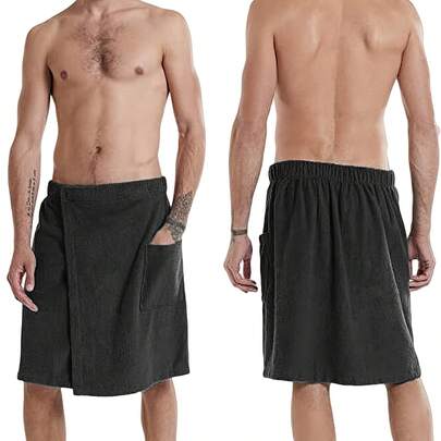 Adjustable Men's Bathrobe With Pockets, Wearable Towel Skirt Suitable For Gym, Shower, Sauna, SPA And Beach