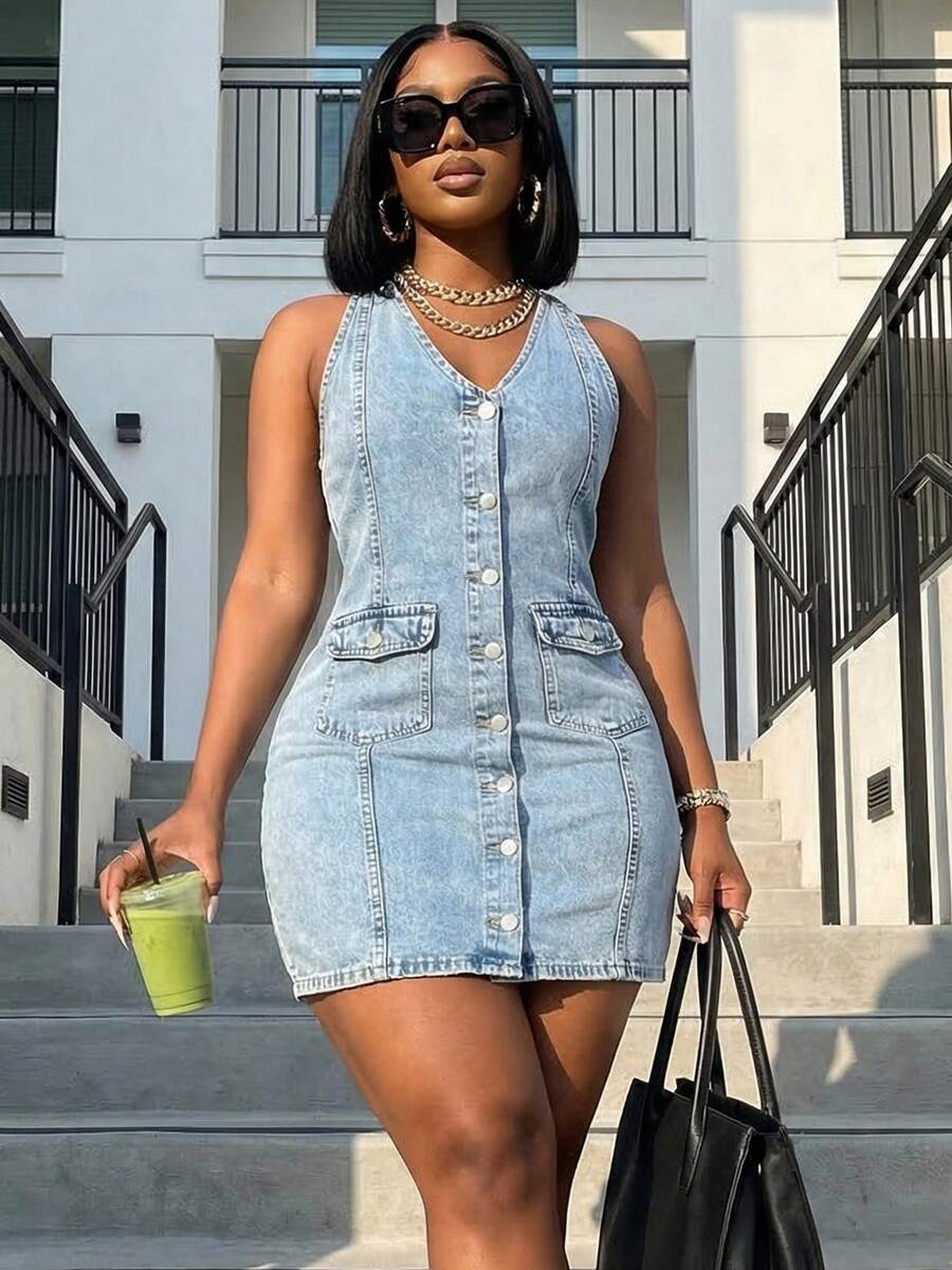 Women's Sleeveless Button Front Denim Dress, Retro Sexy Design, Casual Versatile Dress - Light Wash - View 1