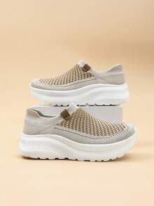 女士步行跑鞋、慢跑运动鞋、越野跑鞋，弹性面料，透气网眼 - 杏色 - 查看 5