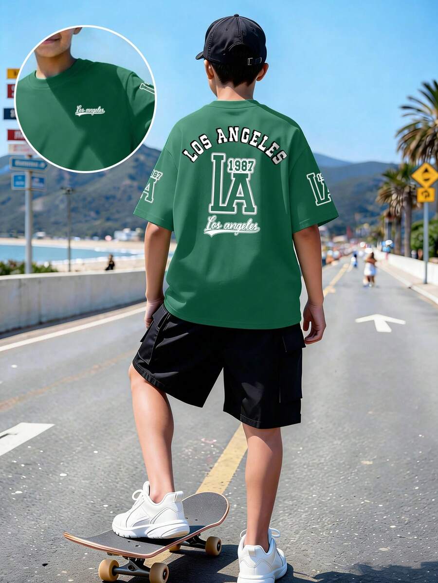 青少年男孩休闲简约洛杉矶“LA”字母印花圆领短袖T恤+卡其裤夏季新款穿搭 - 彩色 - 查看 1