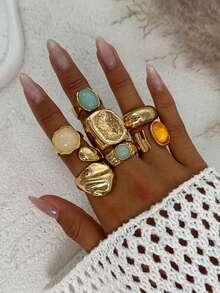 7pcs/Set Lava Liquid Metal Asymmetrical Flow Or Hammered Texture Vintage Bohemian Style Acrylic Rings Set, Suitable For Parties, Gifts, Daily Wear  Boho    Zinc Alloy - 金色 - 查看 1