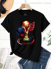 2026 World Cup Usa Flag Trophy Print Women T Shirt Football Cup Design Casual Round Neck Women Short Sleeve For Sports Events And Daily Wear,Perfect For Celebrating The World Cup,Women's Clothing - 黑色 - 查看 2