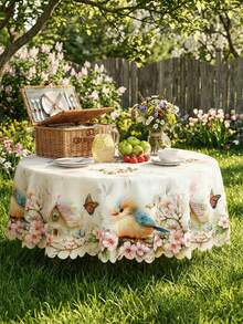 1pc Vintage Floral Tablecloth With Lace Trim, Watercolor Bird, Butterfly, Tulip, Cherry Blossom Print, Waterproof And Stain-Resistant Polyester Tablecloth, Washable For Restaurant Decor, Suitable For Kitchen, Patio, Spring Home And Mother's Day Party - Multicolor - View 13