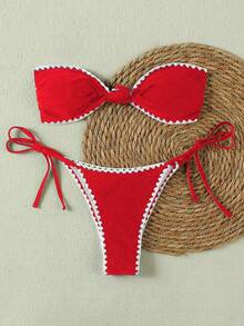 Bộ bikini thời trang mùa hè mới, thanh lịch, sọc đỏ trắng, ren hở lưng, gợi cảm, thích hợp cho phụ nữ đi nghỉ mát, du lịch. - Đỏ - Xem 2