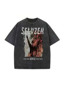 Graphic Cotton-Shirt Washed-Shirt European And American Style Dark Oil Painting Printed Short Sleeved-Shirt In Summer, Loose Fit, Washed And Used, Fried Street Cotton TopDG004 Y2K,Oversize Plus Size S To 3XL,Summer Tee - 灰色 - 查看 5