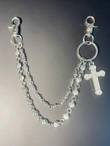 交叉裤链，带龙虾扣吊坠的腰链，钱包链，复古链，双层链，嘻哈朋克风，牛仔裤链，口袋链，男士钥匙链，多元素裤链 - 古銀色 - 查看 4