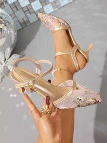 新款中国风刺绣亮片露跟高跟鞋，尖头细高跟设计，旗袍、婚礼及派对优雅百搭女鞋 - 金色 - 查看 6