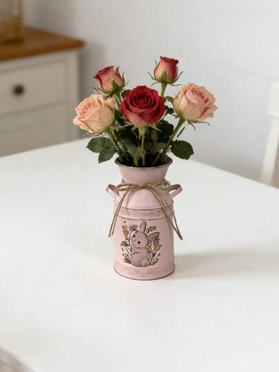 Vintage Pink Vase. Decorated With Hemp Rope, Filled With A Bouquet Of Pink Roses And Baby's Breath, Placed On A Wooden Dining Table With A Lace Tablecloth, Soft Natural Light Gently Shining On The Flowers, Creating A Soothing, Pastoral Ambiance.