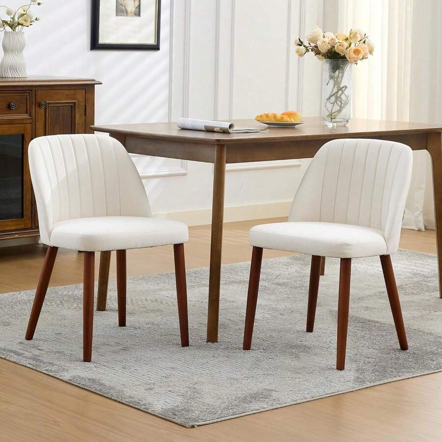 Sillas de comedor de madera Conjunto de 2, Sillas de comedor de cocina tapiceadas con asiento acolchado y patas de madera, Silla de comedor lateral de tela moderna para cocina, comedor, restaurante, café - Beis - Ver 1