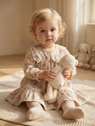 Vestido de princesa con cuello con volantes y estampado floral para niñas bebé, primavera/otoño