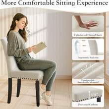 Sillas de comedor Set de 2 Unidades, silla de comedor de tela de lino Parsons con adorno de cabeza de uñas y piernas de madera resistentes, para espacio pequeño - Beis - Ver 8