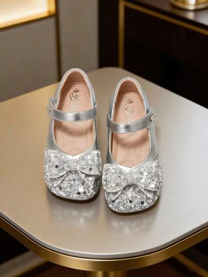 New Shiny Princess Shoes For Girls, Silver Satin Rhinestone Bow Hook And Loop Soft Bottom Children Princess Shoes, Flower Girl Dress Shoes For Wedding, Kindergarten Activities, Festivals, Comfortable, Non-Slip, Durable