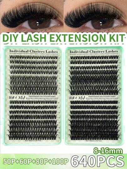 640/300片装假睫毛簇，10D+20D+30D+40D/30D+40D+50D+60D/50D+60D+80D+100D，10-16mm，DIY假睫毛，DIY睫毛嫁接 - 高品质D型卷翘浓密自然睫毛簇，可重复使用，轻盈易戴。Y2K蝴蝶元素粉色底卡，适用于DIY睫毛嫁接，可用于日常生活、婚礼、约会、派对、音乐节、万圣节等场合。