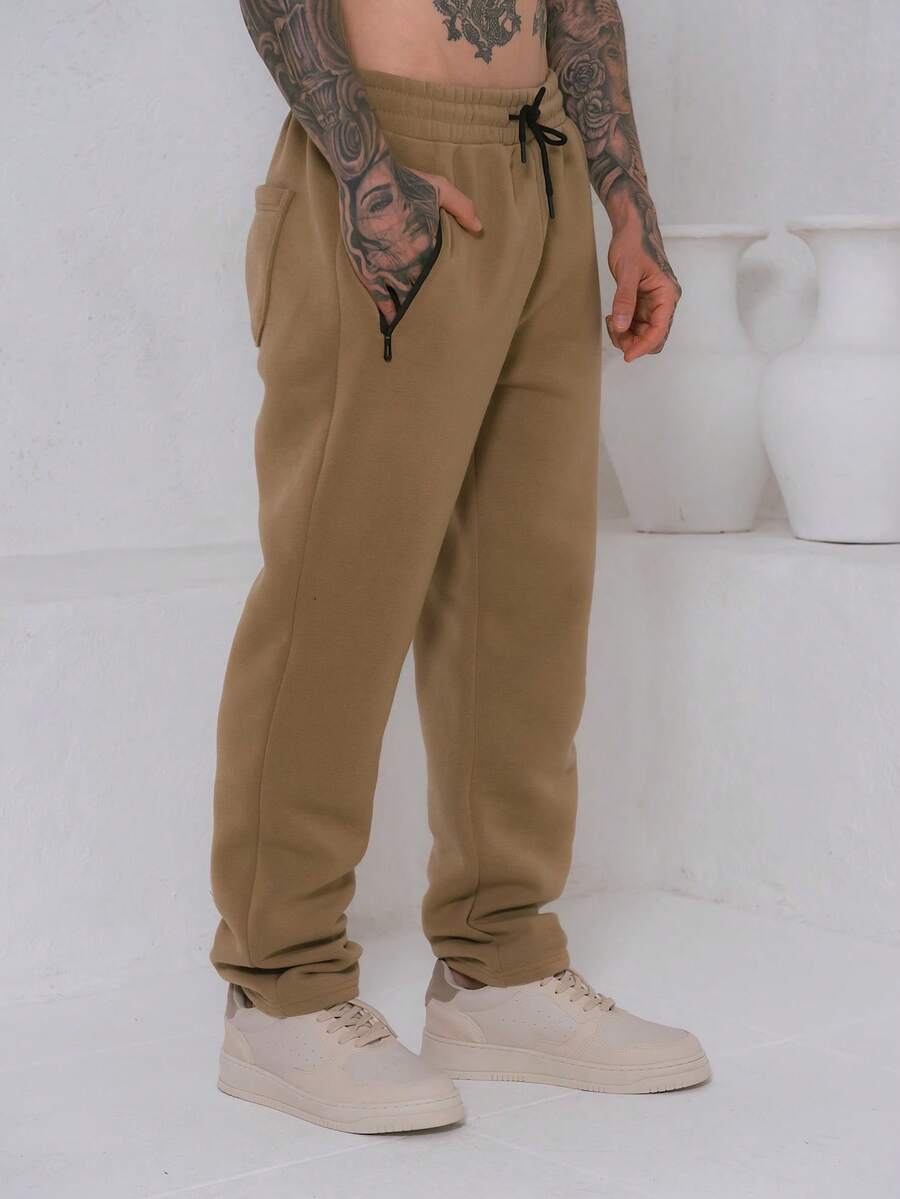 Men's Fleece Sweatpants / Zippered Pockets / Elastic Waistband - Khaki - View 1