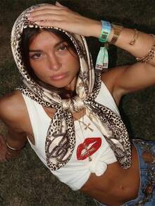 1pc Women's Fashion 90cm Square Scarf, Spring/Summer Bandana, Leopard Print Satin Headscarf - Brown - View 1