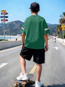 2件套青少年男童休闲狗狗图案印花圆领短袖T恤+卡其裤夏季套装 - 彩色 - 查看 2