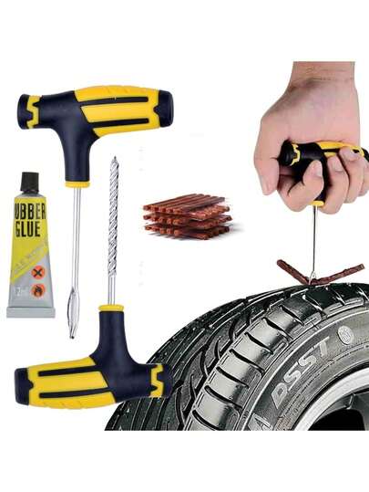 8件套汽车、摩托车和电动车轮胎修补套装，轻松修复轮胎穿孔 - 专用于无内胎轮胎的补胎片，可快速轻松地填补无内胎轮胎的孔洞，包含轮胎修补胶带、修补工具、通用轮胎塞修补套装、带塞子的轮胎修补套装、应急轮胎修补套装、强力粘合剂和橡胶条。