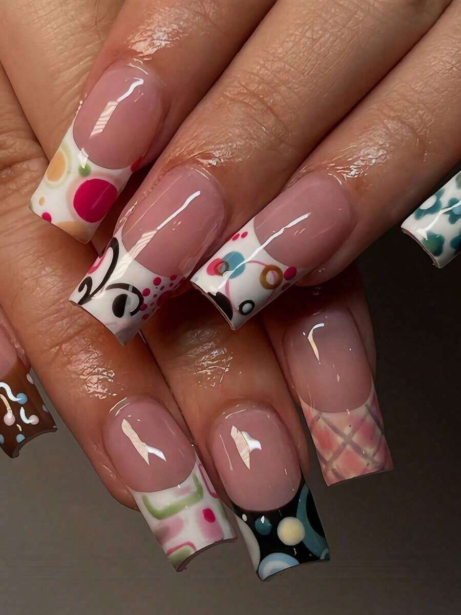 24pcs Medium Square Press-On Nails, Y2K Style Upgrade Your Manicure! Includes Soft Pink Striped, Cute Blue-Green Floral, Wide French Tip, Retro Elegant Solid Brown, Colorful Polka Dot, Asymmetric Round French Nail Stickers. Suitable For Women And Girls. Contains 1 Adhesive Sticker And 1 Mini Gel Sticker. Randomly Shipped. Nail Supplies - 多色 2 - 查看 1