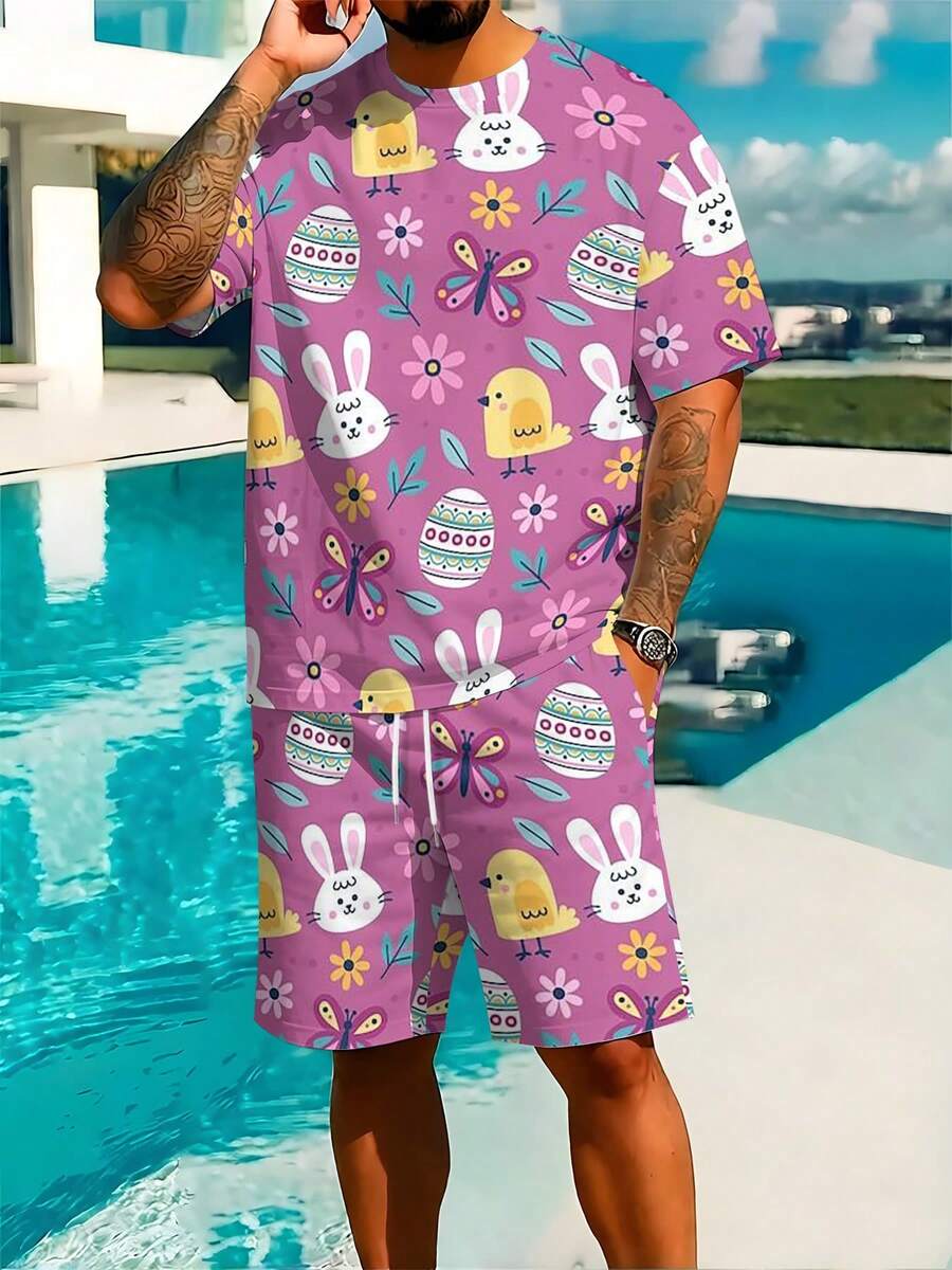 A Set Of Cute Lively Knitted Slightly Stretch Fabric Easter Bunny Chick And Egg Pattern Men's Casual Set Spring And Summer Machine Washable With Pocket Drawstring Easter Gift Purple And Colorful Contrast Color Men's Printed Beach Pants Set - Nhiều màu - Xem 1