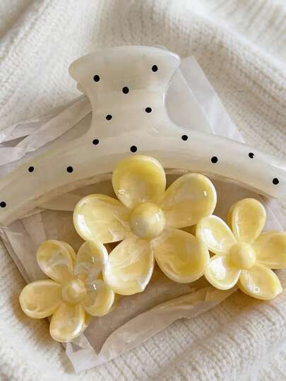 2个/套，4.33英寸/11厘米，黄色花朵爪夹和白色波点爪夹，时尚百搭优雅简约纯色发夹，适合日常、休闲、派对、海滩、度假、发型设计、洗脸/洗头、化妆、服装配饰，秋冬夏皆宜。