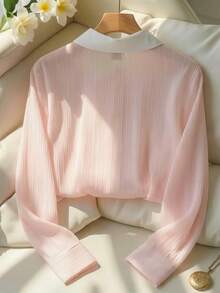 YUXIN Áo sơ mi nữ kiểu Pháp thanh lịch với cổ áo trắng tương phản, tay dài, cài cúc vàng, chất liệu nhẹ, mềm mại, thích hợp mặc hàng ngày, hẹn hò hoặc đi nghỉ mát, màu hồng xuân/hè/thu. - Hồng - Xem 7