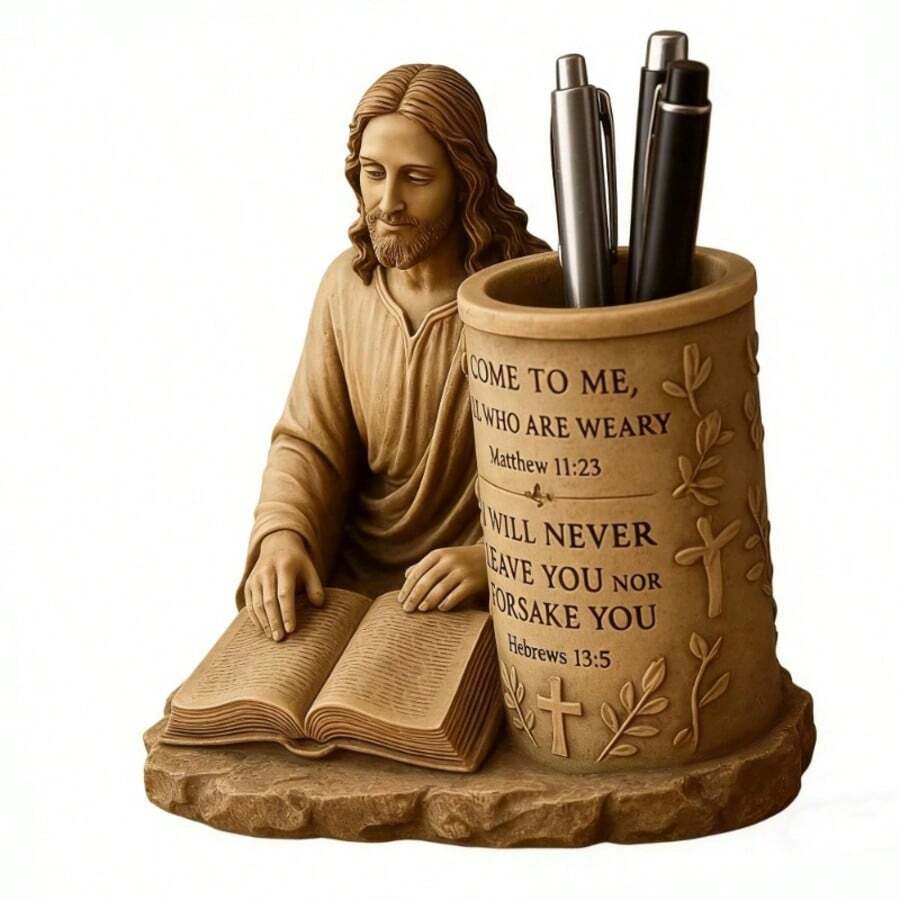 个性化笔筒，复古笔筒，耶稣笔筒，圣经经文。树脂工艺雕塑笔筒，复古装饰品 - 復古筆筒 - 查看 1