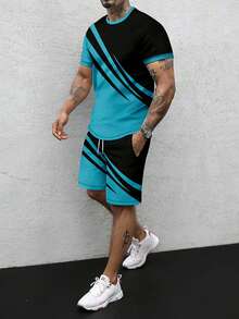 Men's Striped Print Round Neck Short Sleeve T-Shirt And Shorts Set, Fashion Versatile, Suitable For Summer - Blue - View 1