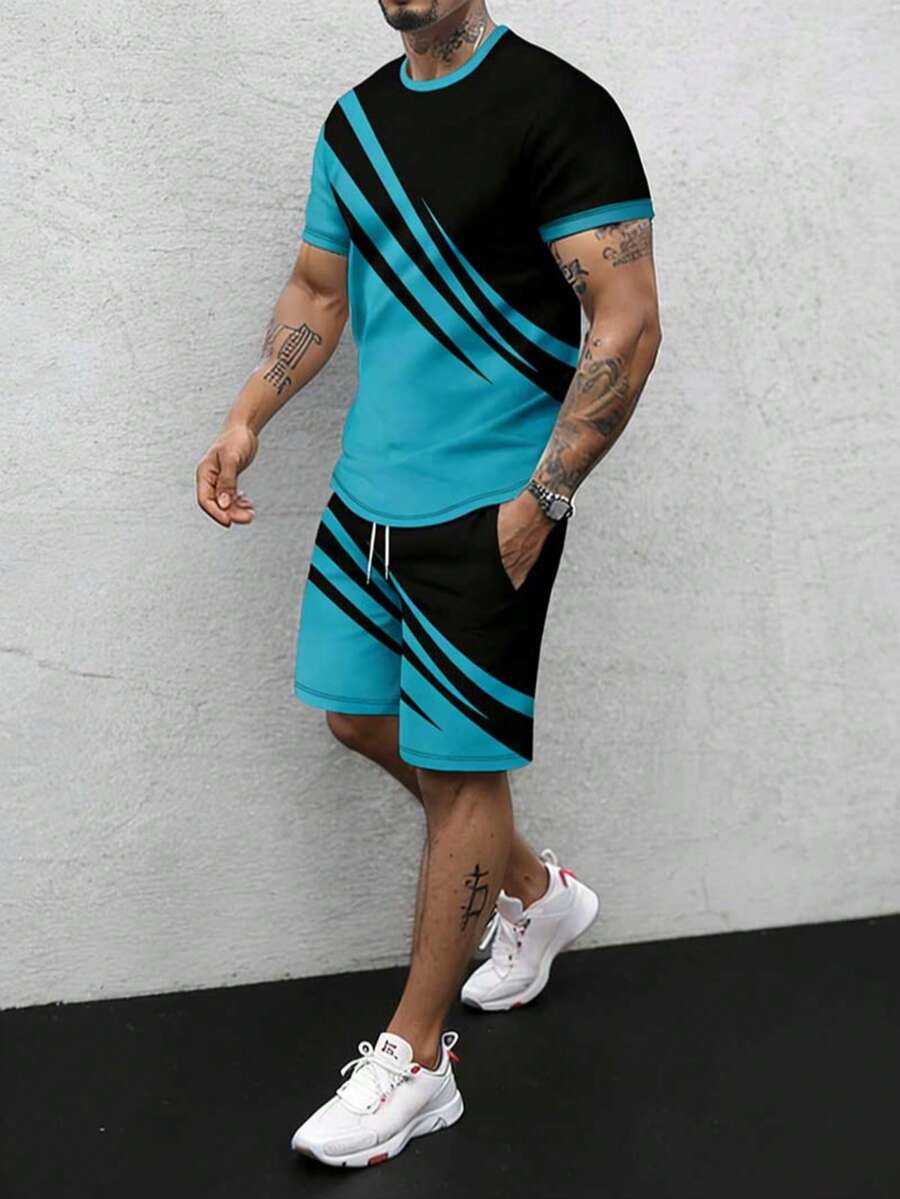 Men's Striped Print Round Neck Short Sleeve T-Shirt And Shorts Set, Fashion Versatile, Suitable For Summer - Blue - View 1