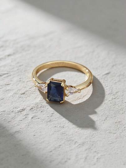 1枚几何蓝色方形锆石结婚戒指，简约气质闪亮结婚戒指