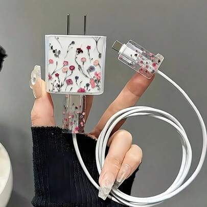 3 piezas Funda protectora de cargador con diseño de enredadera linda, mariposa, rosa y estampado floral diminuto, Cable de datos de 20W, Protector de 17/16/15, Funda transparente de cargador de 18W